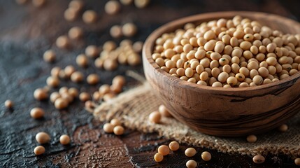 A wooden bowl filled with soybeans, some scattered around.