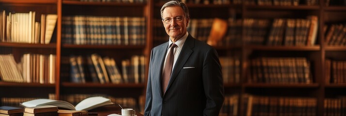 Fototapete - The distinguished professor poses with confidence in a suit, surrounded by shelves brimming with books in a scholarly environment. Generative AI