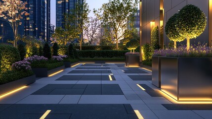 A chic city garden with geometric pavers, sleek steel planters with topiaries, and hidden LED path lighting