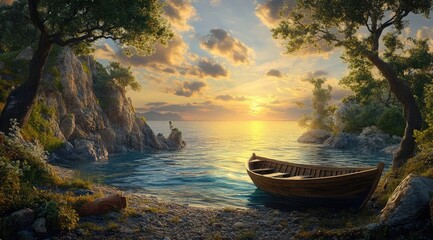 Wall Mural - A small wooden boat on the shore of an azure sea, surrounded by rocks and trees, with a beautiful sunset in the background. The artwork is in a fantasy art