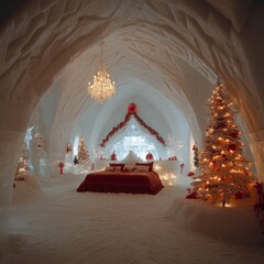 Canvas Print - A cozy, romantic, and festive bedroom in an ice hotel, featuring a bed with red bedding, a Christmas tree, and a chandelier.