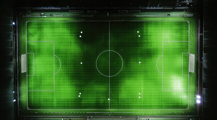 A top-down view of an empty green soccer field with white dots representing the positions and numbers for each player,