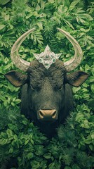 Sticker - Bull Head with Crystal Crown in Lush Green Foliage.