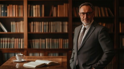 Fototapete - A distinguished professor in a suit poses confidently in front of a well-stocked bookshelf, with a coffee cup beside an open book. Generative AI