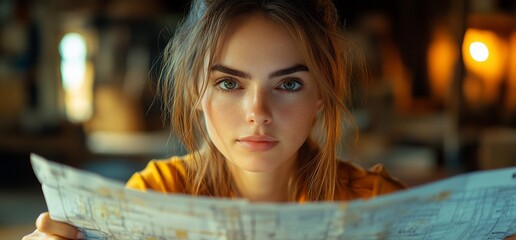 Wall Mural - Young woman looking at a map with a serious expression.