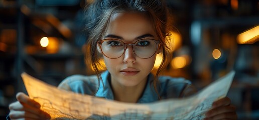 Wall Mural - Young woman wearing glasses and looking at a map.