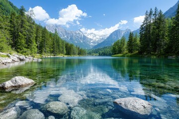 Canvas Print - Serene mountain lake surrounded by lush forest