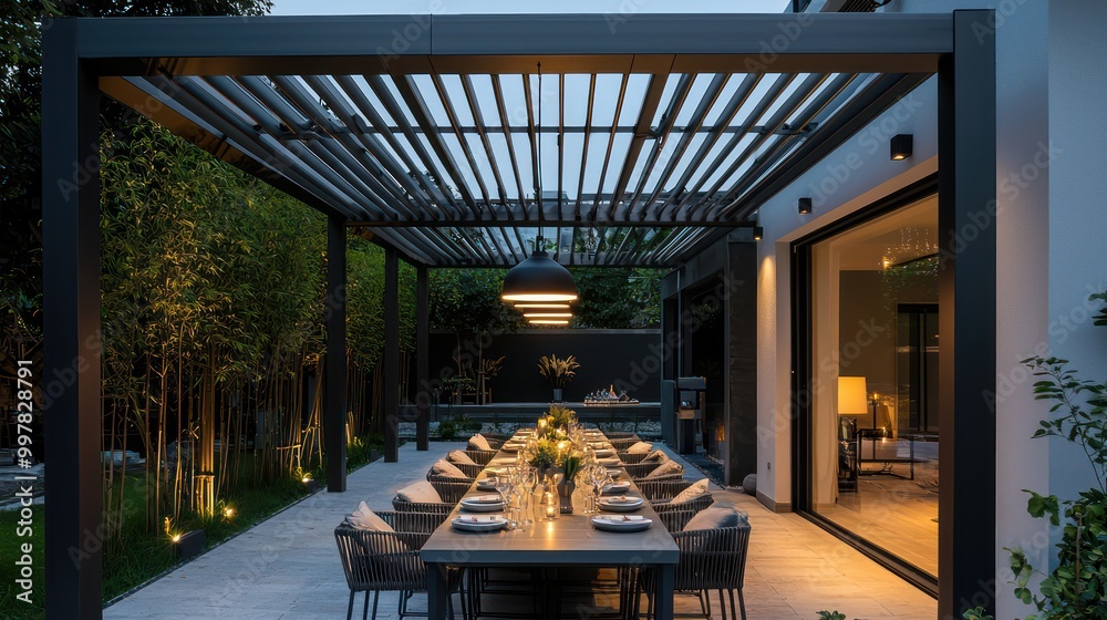 A contemporary outdoor dining area under a sleek metal pergola, with a ...