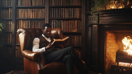 Poster - A man sits comfortably in a leather armchair in a library, engrossed in a book while a warm fire crackles. The room is lined with shelves of books, creating a peaceful atmosphere.