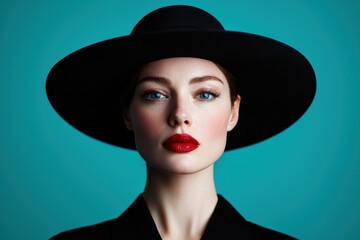 Sticker - Elegant woman in black hat with bold red lips