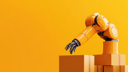 Industrial robotic arm reaching for stacked yellow boxes, vivid orange background emphasizes automation and efficiency in modern manufacturing environments.