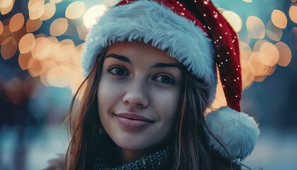 Wall Mural - A woman wearing a red and white Christmas hat is smiling