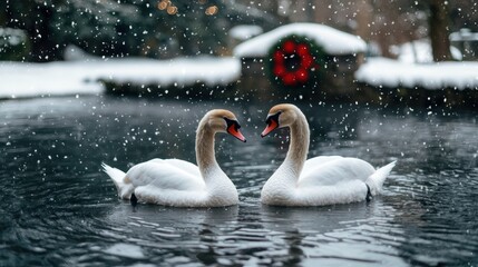 Poster - two white swans swimming in snowy winter pond