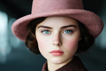 Canvas Print - Elegant woman with blue eyes wearing a pink hat