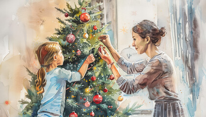 Wall Mural - A woman and a child are decorating a Christmas tree