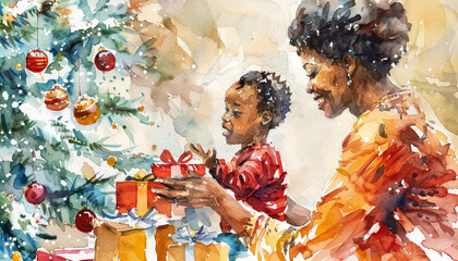 Wall Mural - A woman and a child are sitting under a Christmas tree