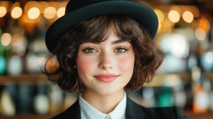 Poster - Stylish young woman with curly hair and hat