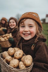 a family in Belarus harvesting potatoes together laughing community farming autumn season traditional Belarusian village life with baskets and sacks of potatoes scattered around