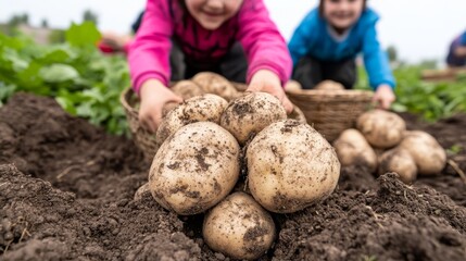 Wall Mural - a family in Belarus harvesting potatoes together laughing community farming autumn season traditional Belarusian village life with baskets and sacks of potatoes scattered around