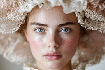 Wall Mural - close-up portrait of a woman with freckles and blue eyes