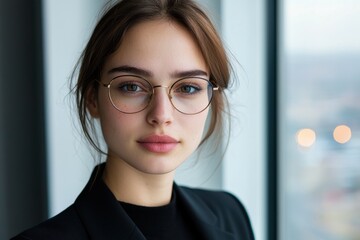 Sticker - Thoughtful woman with glasses looking out window