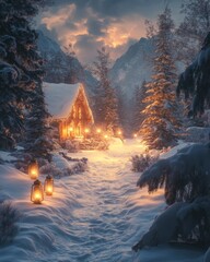 Sticker - A cozy cabin nestled in a snowy forest with lanterns lighting the path.