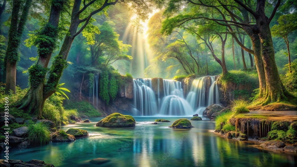 Enchanted forest landscape with waterfalls and river Stock Photo ...