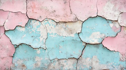 Wall Mural - Cracked pastel wall with peeling paint in pink and blue.