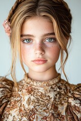 Wall Mural - Thoughtful young woman with freckles and braided hairstyle