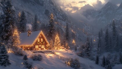 Wall Mural - A cozy cabin nestled in a snowy mountain valley, illuminated by warm lights, creating a magical winter scene.