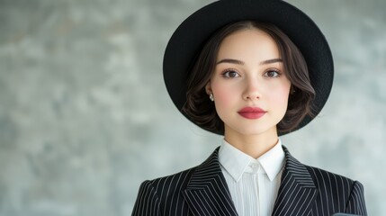 Wall Mural - Stylish young woman in black hat and striped suit