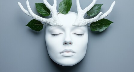 Canvas Print - mystical face with antlers and leaves