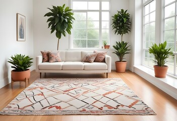 A bright and airy living room with white walls, large windows, and a minimalist decor. The room features a black and white patterned rug, a white sofa, and potted plants adding a touch of greenery. 