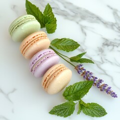 Poster - Colorful macarons with fresh mint leaves and lavender flowers