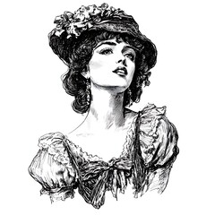 Wall Mural - Pen and Ink Drawing of a Woman in a Hat and Ruffled Dress.