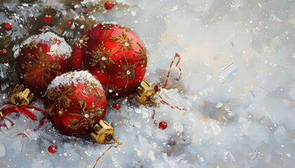 Sticker - Three red and gold Christmas ornaments are sitting on a snowy surface