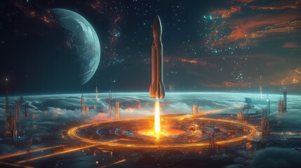 Fototapete - A towering rocket lifts off from a luminous launch pad surrounded by swirling clouds and distant celestial bodies. The bright flames illuminate the scene, showcasing a vibrant, cosmic atmosphere.
