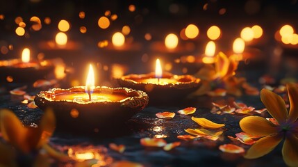 Diwali, Hindu festival of lights celebration. Diya oil lamps against dark background with generative ai