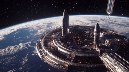 Fototapete - A detailed view of a futuristic space station orbiting Earth, showcasing two large spacecraft docked and illuminated