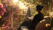 © Prostock-studio - A person sits comfortably on a balcony draped in vibrant flowers, deeply engaged in reading a book while enjoying the peaceful ambiance of the golden hour lights