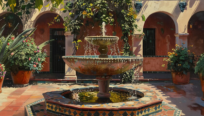 Canvas Print - A painting of a courtyard with a fountain in the center