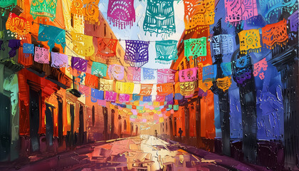 Wall Mural - A street with colorful banners hanging from the buildings