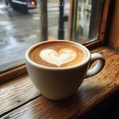 A cup of latte with heart-shaped foam art sits on a wooden windowsill in a cafe.