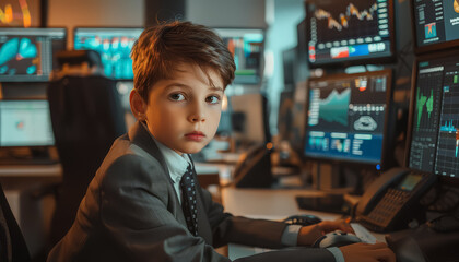 Wall Mural - A young boy is sitting at a desk in front of a computer monitor