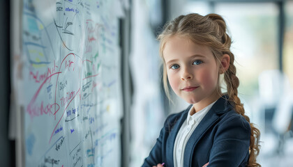 Wall Mural - A young girl is standing in front of a white board with a lot of graphs on it