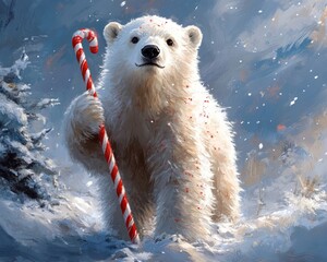 A cute polar bear with a red candy cane standing in a snowy winter landscape.