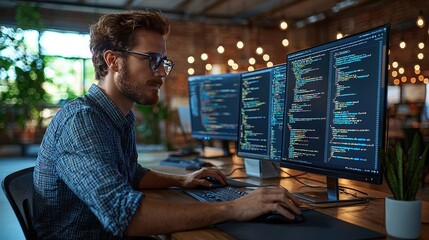 A focused programmer engages with dual monitors, coding in a creative workspace illuminated by warm ambient lighting