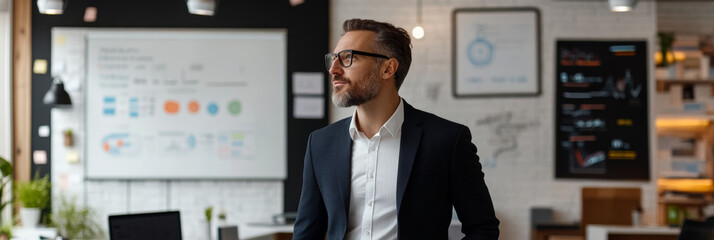 A confident businessman stands in modern office, reflecting on strategies and ideas. workspace features whiteboard with colorful charts and graphs, creating an inspiring atmosphere