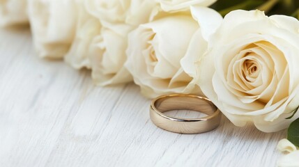 A wedding band resting next to a bouquet of white roses at a wedding reception.