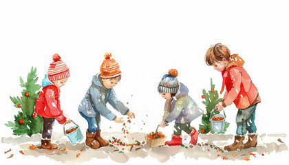 Three children are playing in the snow, with one of them holding a bowl